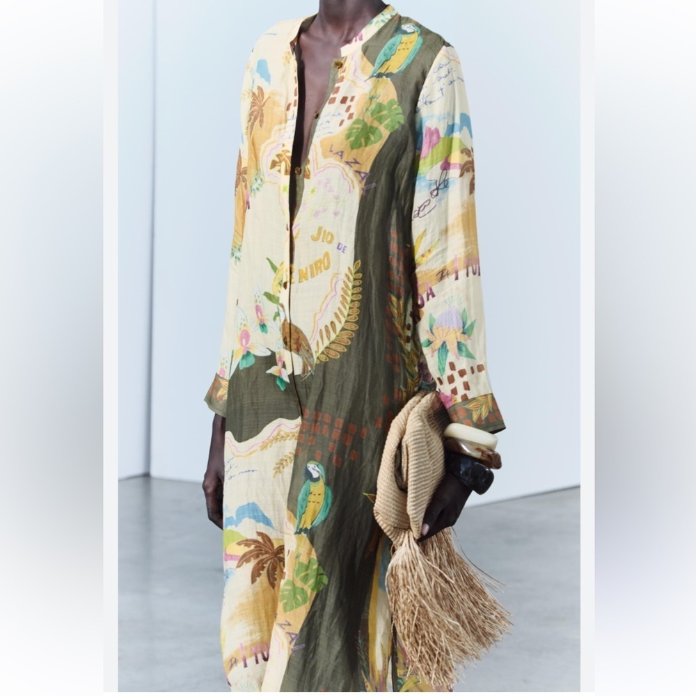 Zara Ramie dress printed button down jio Reniro